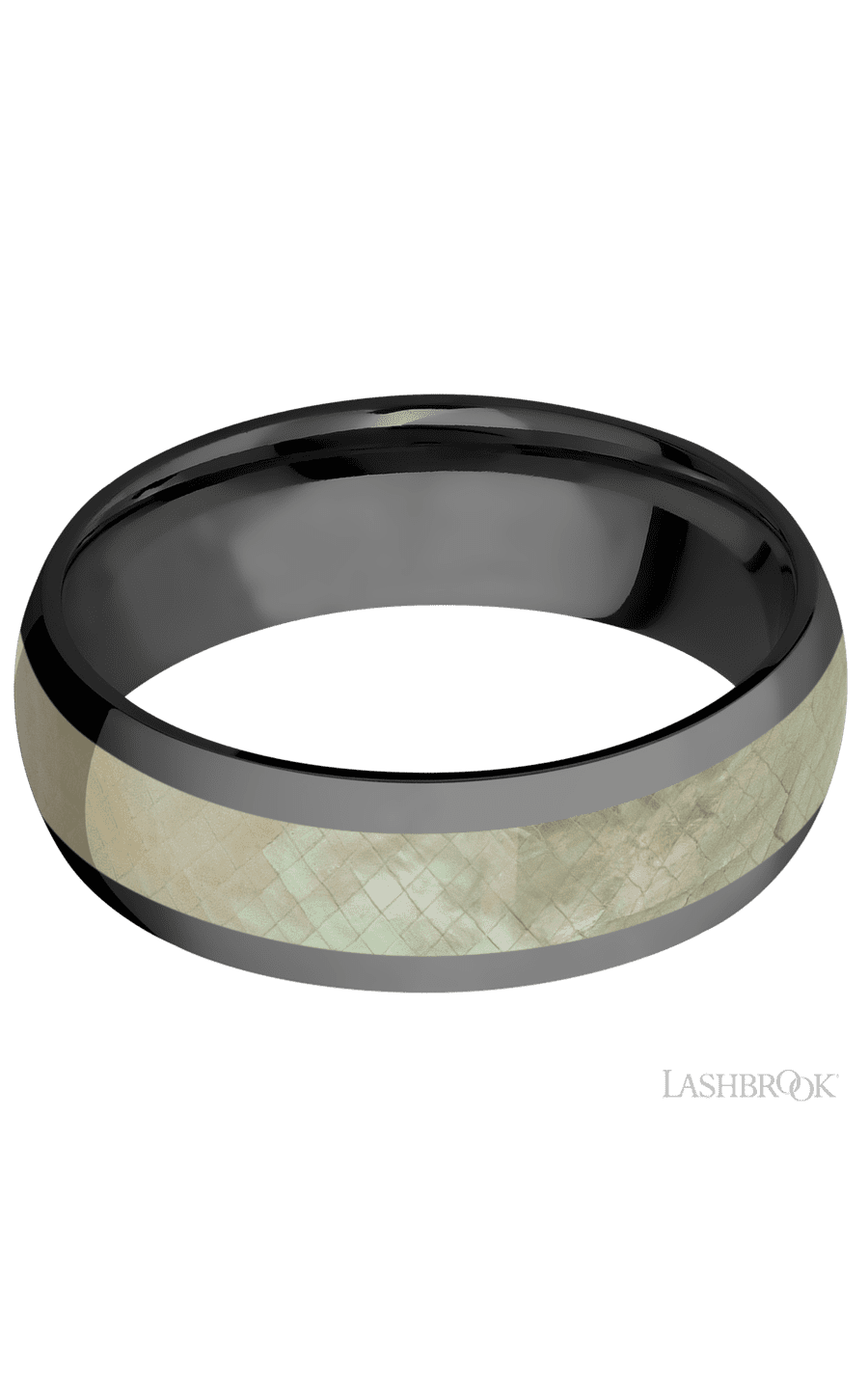 7 mm wide/Domed/Zirconium band with one 4 mm Centered inlay of Freshwater Mother of Pearl. - NAGI