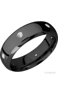 7 mm wide/Domed Bevel/Zirconium band with a 6X Even arrangement of .07 carat Round Diamond stones in a Flush setting.