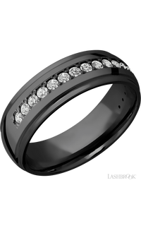 7 mm wide/Domed Stepped Down Edges/Zirconium band with a Half Eternity arrangement of .03 carat Round Diamond stones in a Bead setting.
