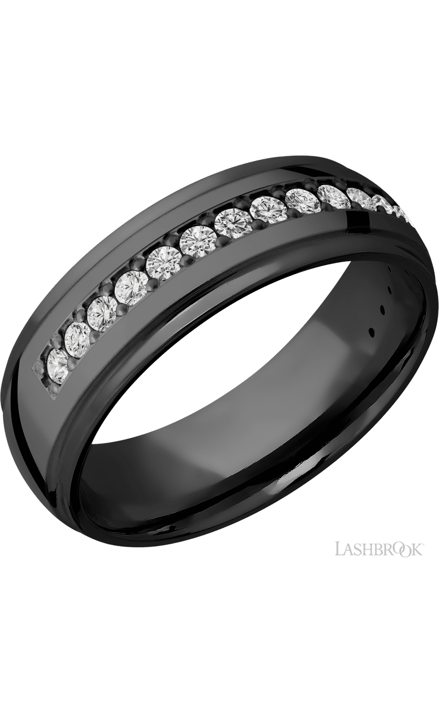 7 mm wide/Domed Stepped Down Edges/Zirconium band with a Half Eternity arrangement of .03 carat Round Diamond stones in a Bead setting. - NAGI