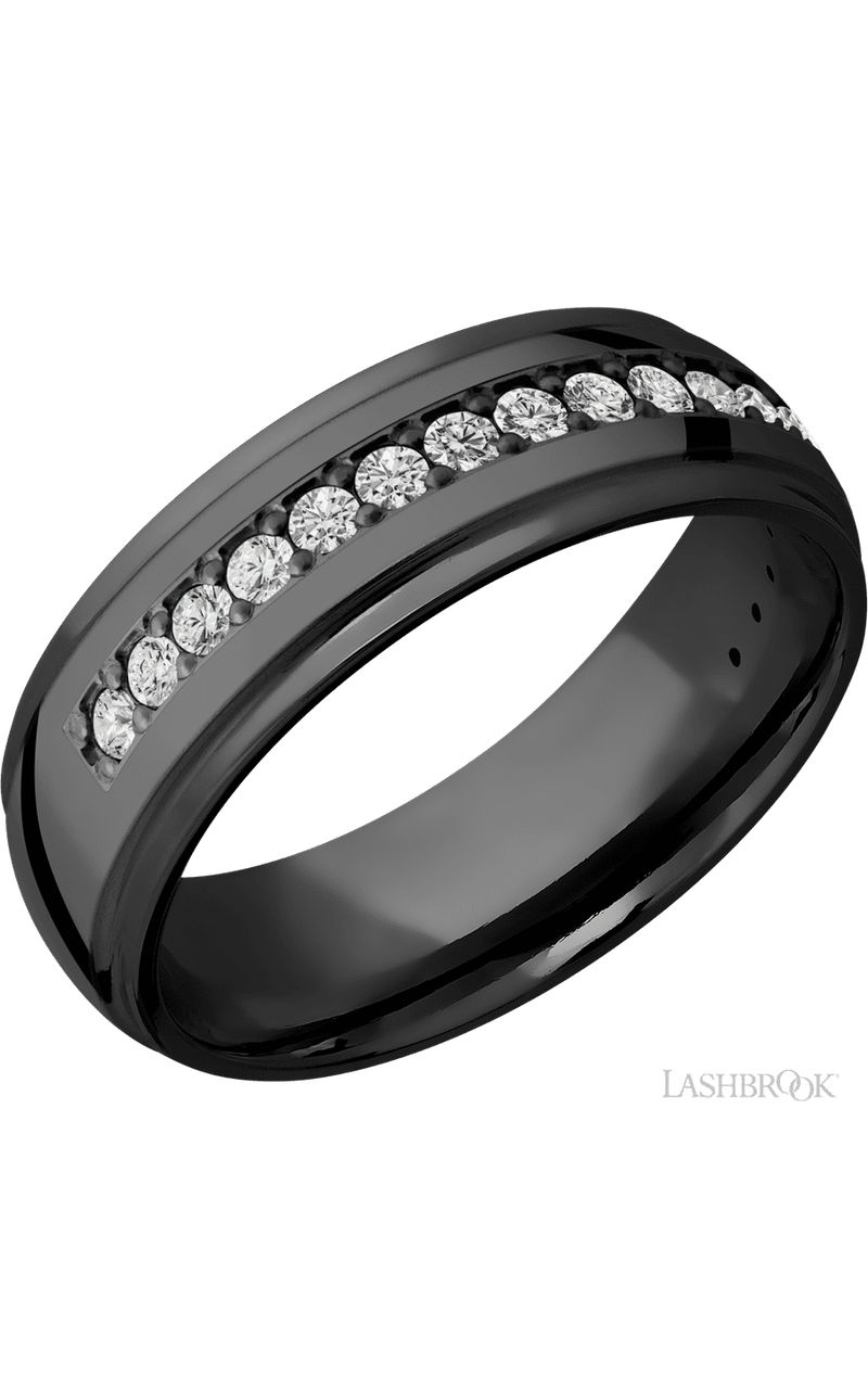 7 mm wide/Domed Stepped Down Edges/Zirconium band with a Half Eternity arrangement of .03 carat Round Diamond stones in a Bead setting. - NAGI