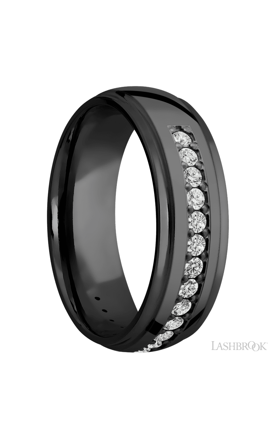 7 mm wide/Domed Stepped Down Edges/Zirconium band with a Half Eternity arrangement of .03 carat Round Diamond stones in a Bead setting. - NAGI
