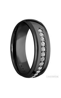 7 mm wide/Domed Stepped Down Edges/Zirconium band with a Half Eternity arrangement of .03 carat Round Diamond stones in a Bead setting.