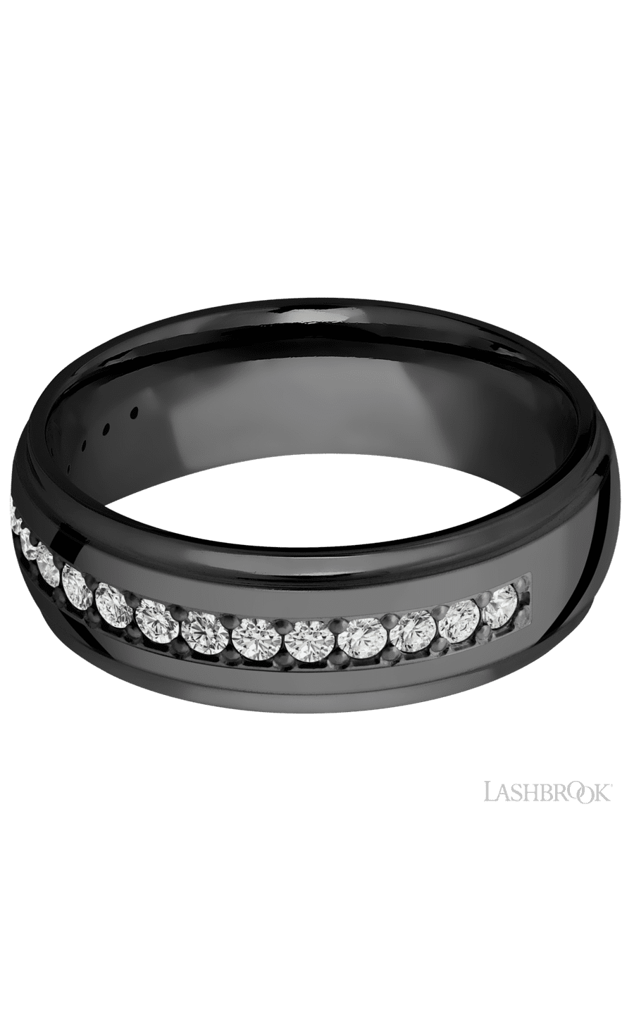 7 mm wide/Domed Stepped Down Edges/Zirconium band with a Half Eternity arrangement of .03 carat Round Diamond stones in a Bead setting. - NAGI