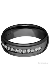 7 mm wide/Domed Stepped Down Edges/Zirconium band with a Half Eternity arrangement of .03 carat Round Diamond stones in a Bead setting.