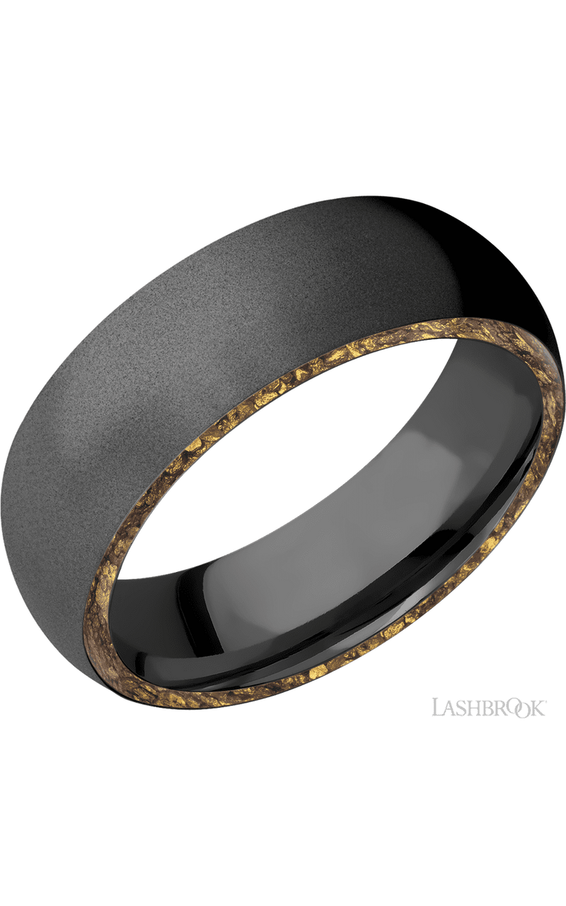 7 mm wide/Domed/Zirconium band with two 1 mm Side inlays of Alaskan Gold Nugget. - NAGI