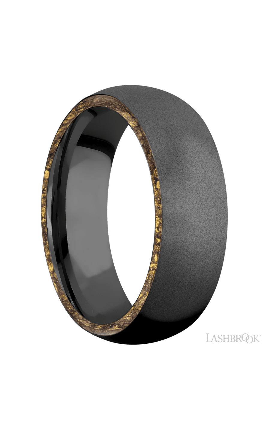 7 mm wide/Domed/Zirconium band with two 1 mm Side inlays of Alaskan Gold Nugget. - NAGI