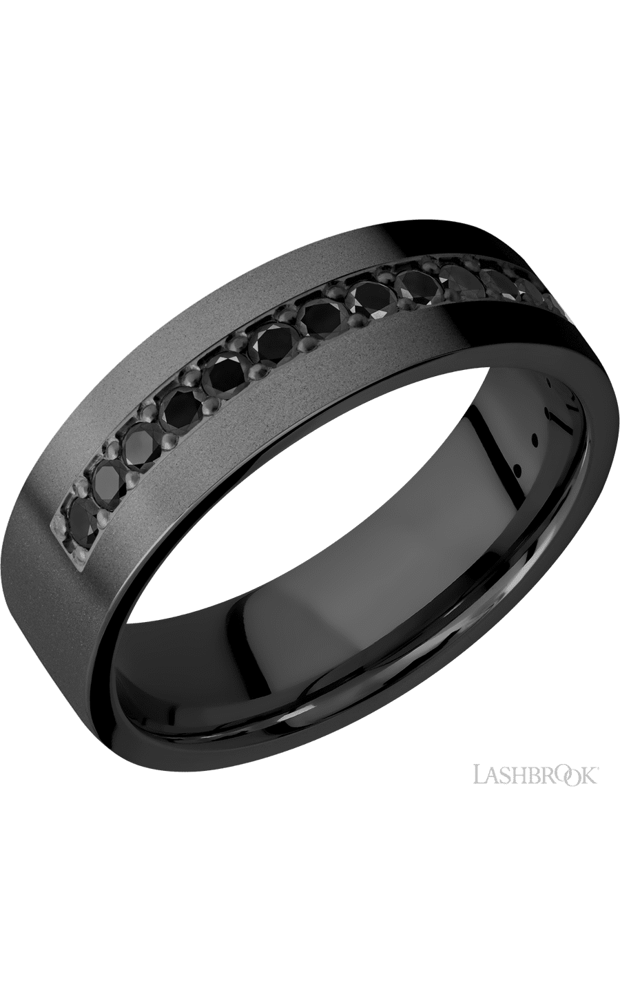 7 mm wide/Flat/Zirconium band with a Half Eternity arrangement of .03 carat Round Black Diamond stones in a Bead setting. - NAGI
