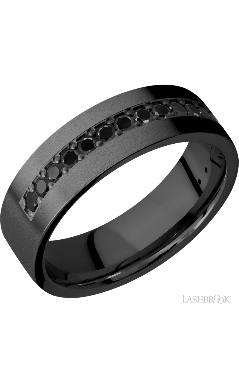 7 mm wide/Flat/Zirconium band with a Half Eternity arrangement of .03 carat Round Black Diamond stones in a Bead setting. - NAGI