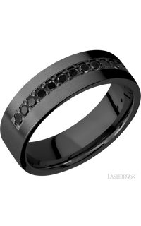 7 mm wide/Flat/Zirconium band with a Half Eternity arrangement of .03 carat Round Black Diamond stones in a Bead setting.