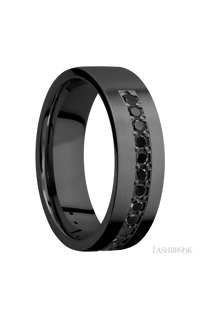 7 mm wide/Flat/Zirconium band with a Half Eternity arrangement of .03 carat Round Black Diamond stones in a Bead setting.