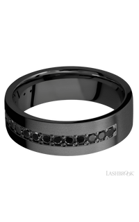 7 mm wide/Flat/Zirconium band with a Half Eternity arrangement of .03 carat Round Black Diamond stones in a Bead setting. - NAGI