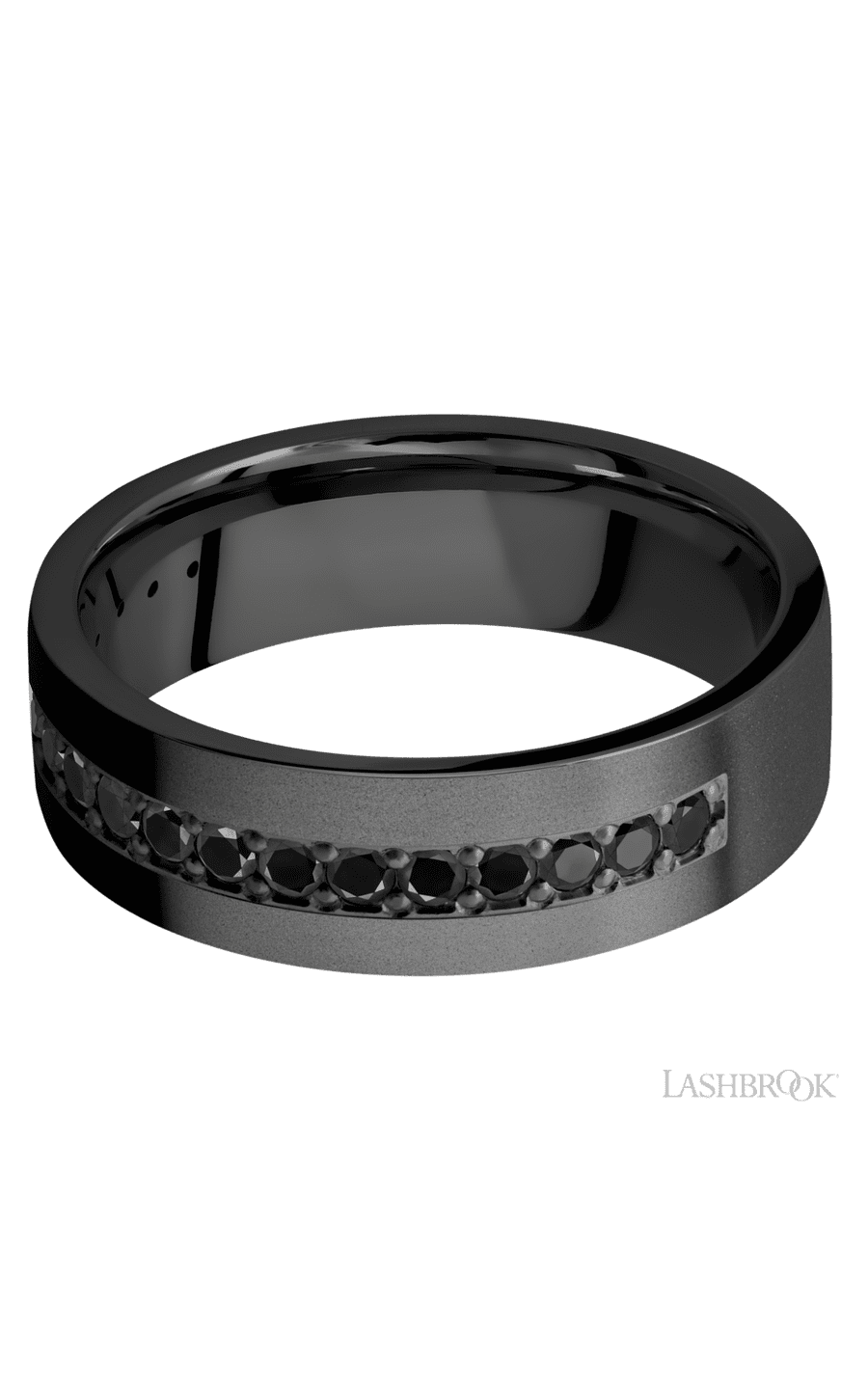 7 mm wide/Flat/Zirconium band with a Half Eternity arrangement of .03 carat Round Black Diamond stones in a Bead setting. - NAGI