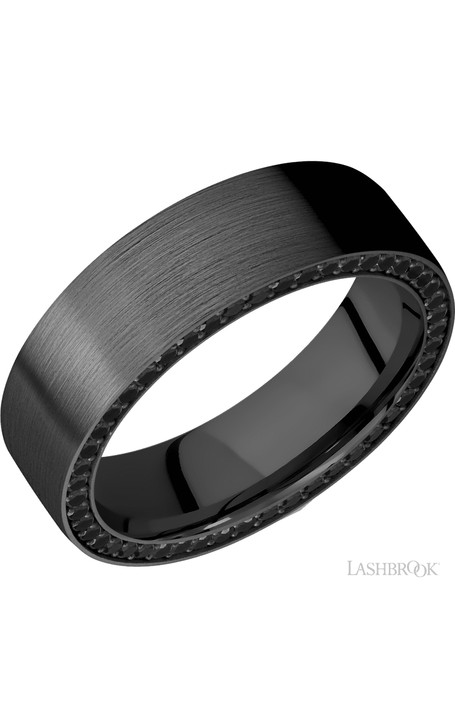 7 mm wide/Flat/Zirconium band with a Side Eternity arrangement of .01 carat Round Black Diamond stones in a Bead setting. - NAGI