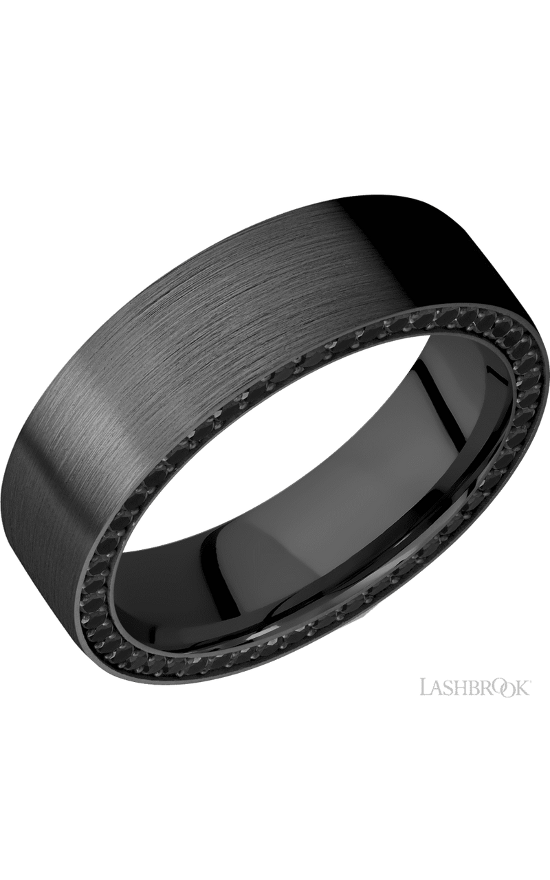 7 mm wide/Flat/Zirconium band with a Side Eternity arrangement of .01 carat Round Black Diamond stones in a Bead setting. - NAGI