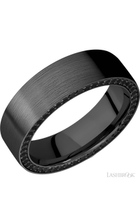 7 mm wide/Flat/Zirconium band with a Side Eternity arrangement of .01 carat Round Black Diamond stones in a Bead setting.