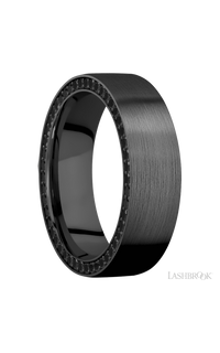 7 mm wide/Flat/Zirconium band with a Side Eternity arrangement of .01 carat Round Black Diamond stones in a Bead setting.