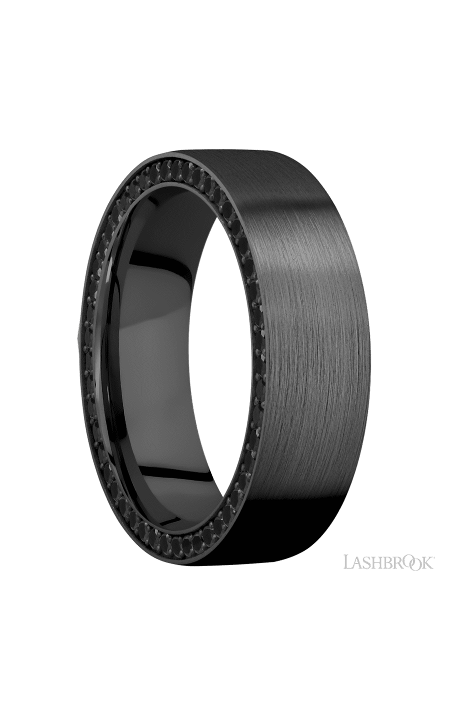 7 mm wide/Flat/Zirconium band with a Side Eternity arrangement of .01 carat Round Black Diamond stones in a Bead setting. - NAGI