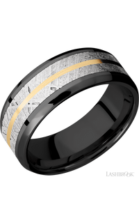 8 mm wide/Beveled/Zirconium band featuring inlays of Meteorite and 14K Yellow Gold.