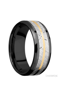 8 mm wide/Beveled/Zirconium band featuring inlays of Meteorite and 14K Yellow Gold. - NAGI