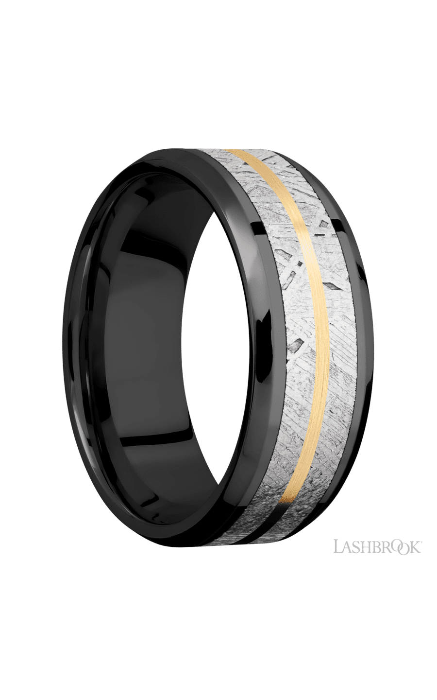 8 mm wide/Beveled/Zirconium band featuring inlays of Meteorite and 14K Yellow Gold. - NAGI