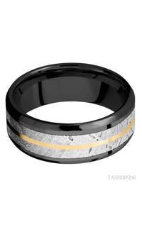 8 mm wide/Beveled/Zirconium band featuring inlays of Meteorite and 14K Yellow Gold.