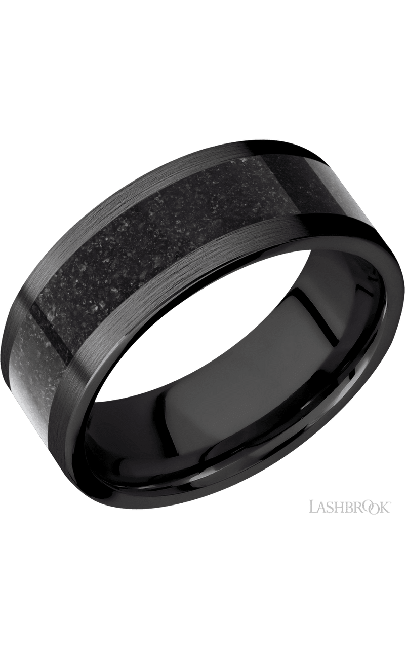 8 mm wide/Flat/Zirconium band with one 5 mm Centered inlay of Dinosaur Bone Black. - NAGI