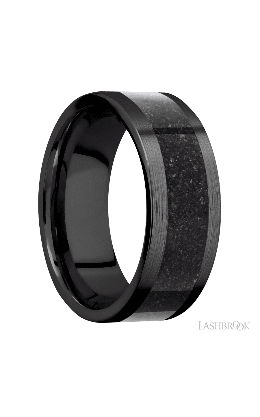 8 mm wide/Flat/Zirconium band with one 5 mm Centered inlay of Dinosaur Bone Black. - NAGI