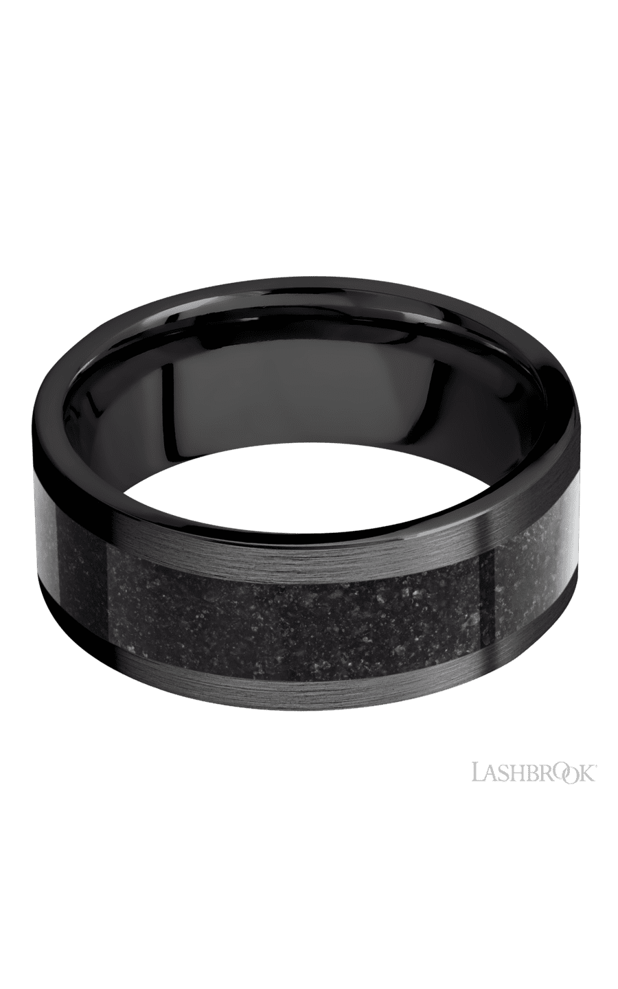 8 mm wide/Flat/Zirconium band with one 5 mm Centered inlay of Dinosaur Bone Black. - NAGI