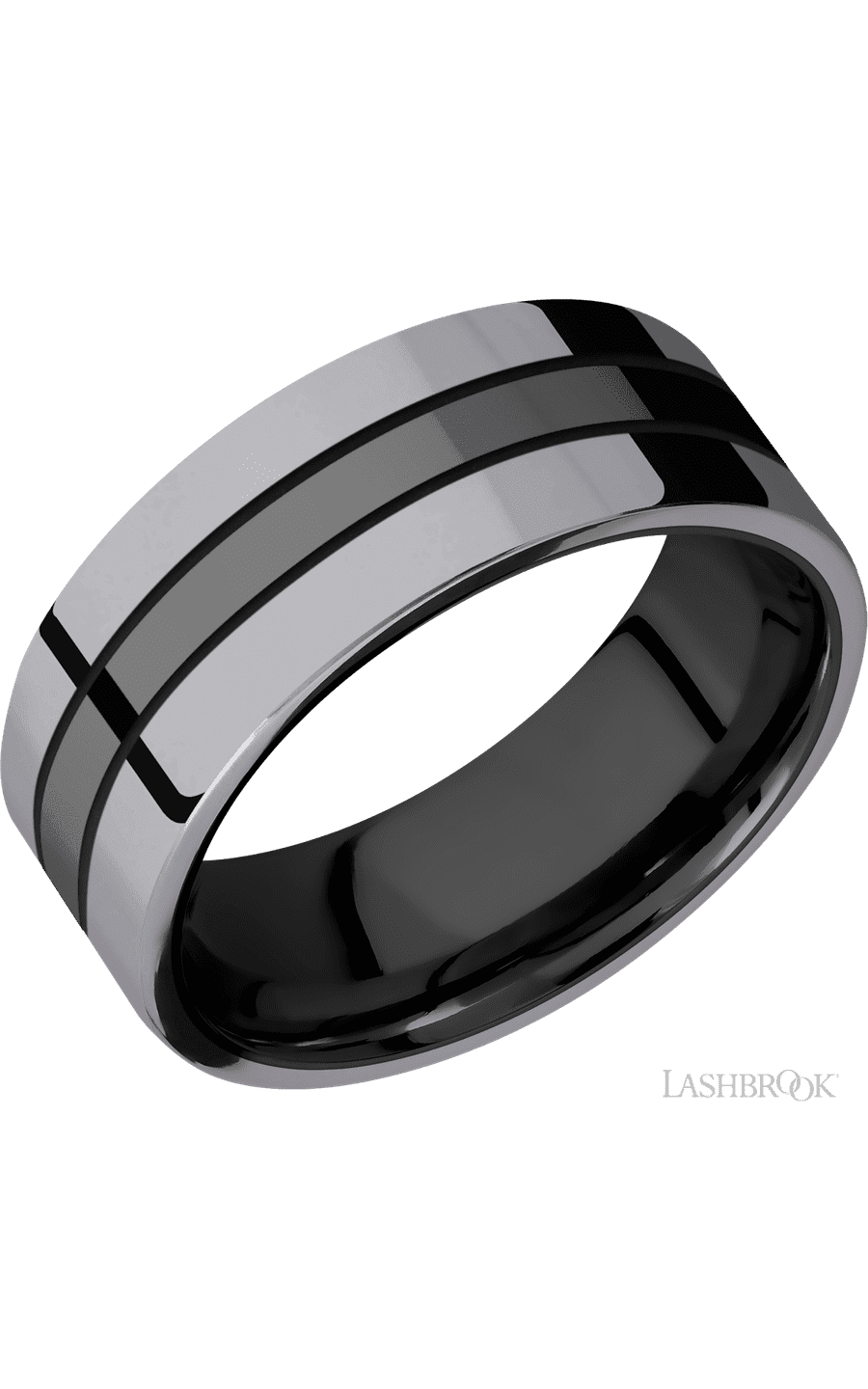8 mm wide/Flat/Zirconium band with two 3 mm Double Off Center Edge inlays of Tantalum. - NAGI