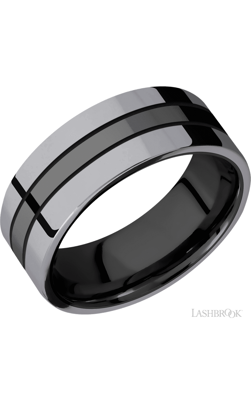 8 mm wide/Flat/Zirconium band with two 3 mm Double Off Center Edge inlays of Tantalum. - NAGI