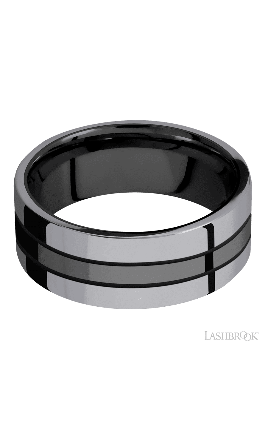 8 mm wide/Flat/Zirconium band with two 3 mm Double Off Center Edge inlays of Tantalum. - NAGI