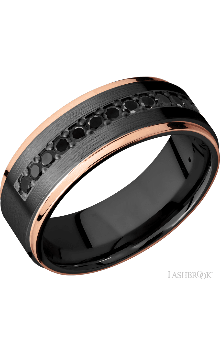 8 mm wide/Flat Grooved Edges/Zirconium band with a Half Eternity arrangement of .03 carat Round Black Diamond stones in a Bead setting and featuring two 1 mm Edge inlays of 14K Rose Gold - NAGI