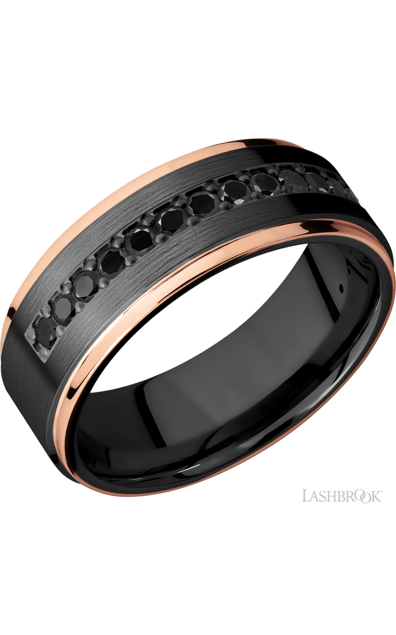 8 mm wide/Flat Grooved Edges/Zirconium band with a Half Eternity arrangement of .03 carat Round Black Diamond stones in a Bead setting and featuring two 1 mm Edge inlays of 14K Rose Gold - NAGI