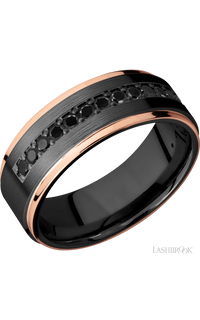 8 mm wide/Flat Grooved Edges/Zirconium band with a Half Eternity arrangement of .03 carat Round Black Diamond stones in a Bead setting and featuring two 1 mm Edge inlays of 14K Rose Gold