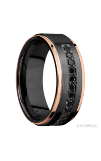 8 mm wide/Flat Grooved Edges/Zirconium band with a Half Eternity arrangement of .03 carat Round Black Diamond stones in a Bead setting and featuring two 1 mm Edge inlays of 14K Rose Gold