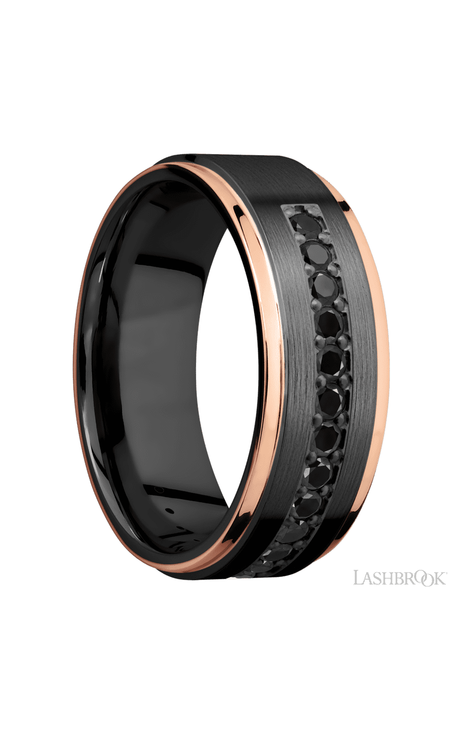 8 mm wide/Flat Grooved Edges/Zirconium band with a Half Eternity arrangement of .03 carat Round Black Diamond stones in a Bead setting and featuring two 1 mm Edge inlays of 14K Rose Gold - NAGI