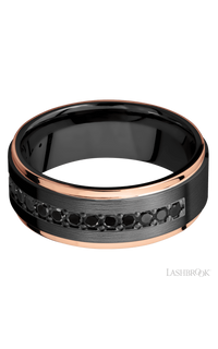 8 mm wide/Flat Grooved Edges/Zirconium band with a Half Eternity arrangement of .03 carat Round Black Diamond stones in a Bead setting and featuring two 1 mm Edge inlays of 14K Rose Gold