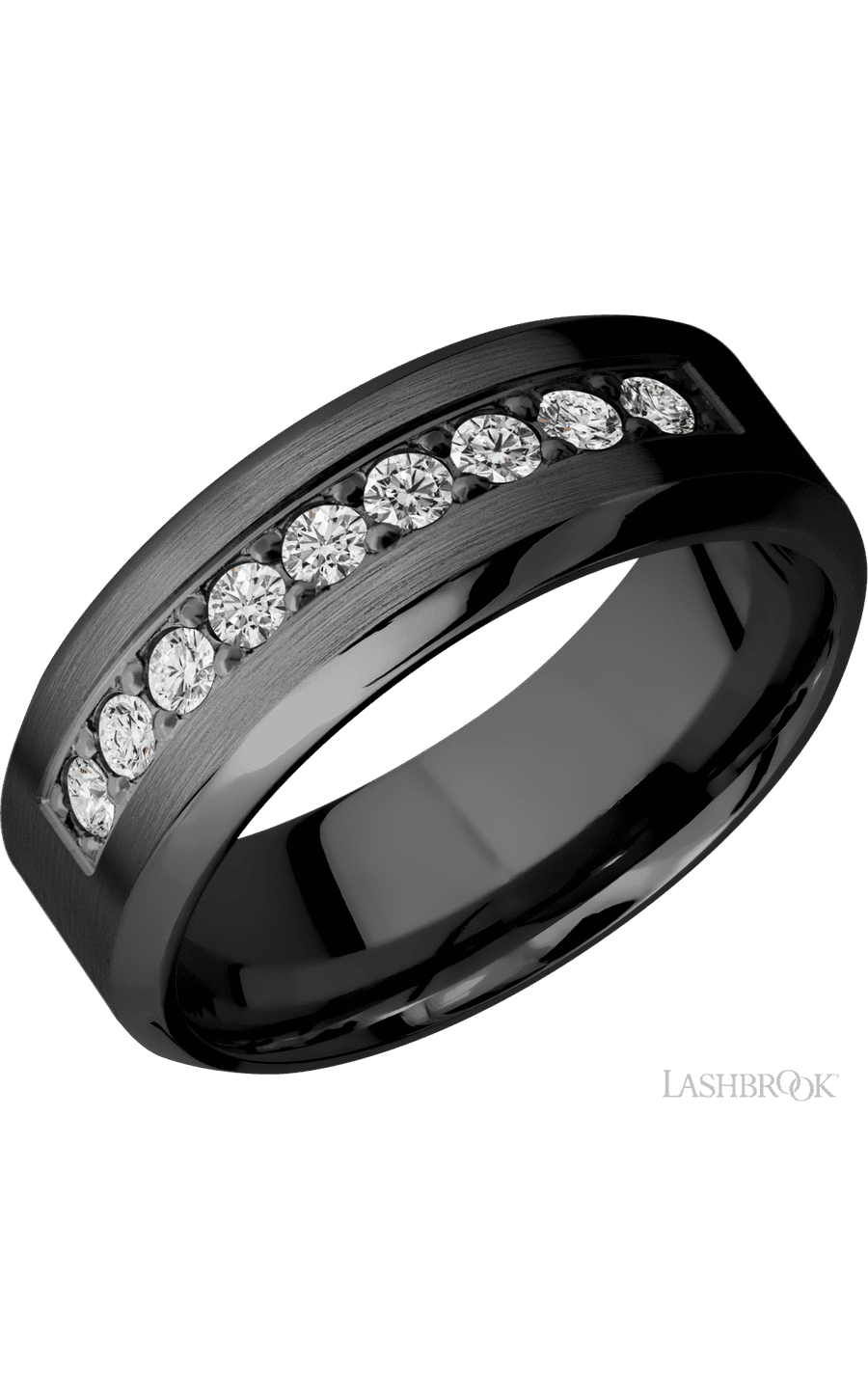 8 mm wide/High Bevel/Zirconium band with an  arrangement of 9, .05 carat Round Diamond stones in a Bead setting. - NAGI