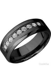 8 mm wide/High Bevel/Zirconium band with an  arrangement of 9, .05 carat Round Diamond stones in a Bead setting.