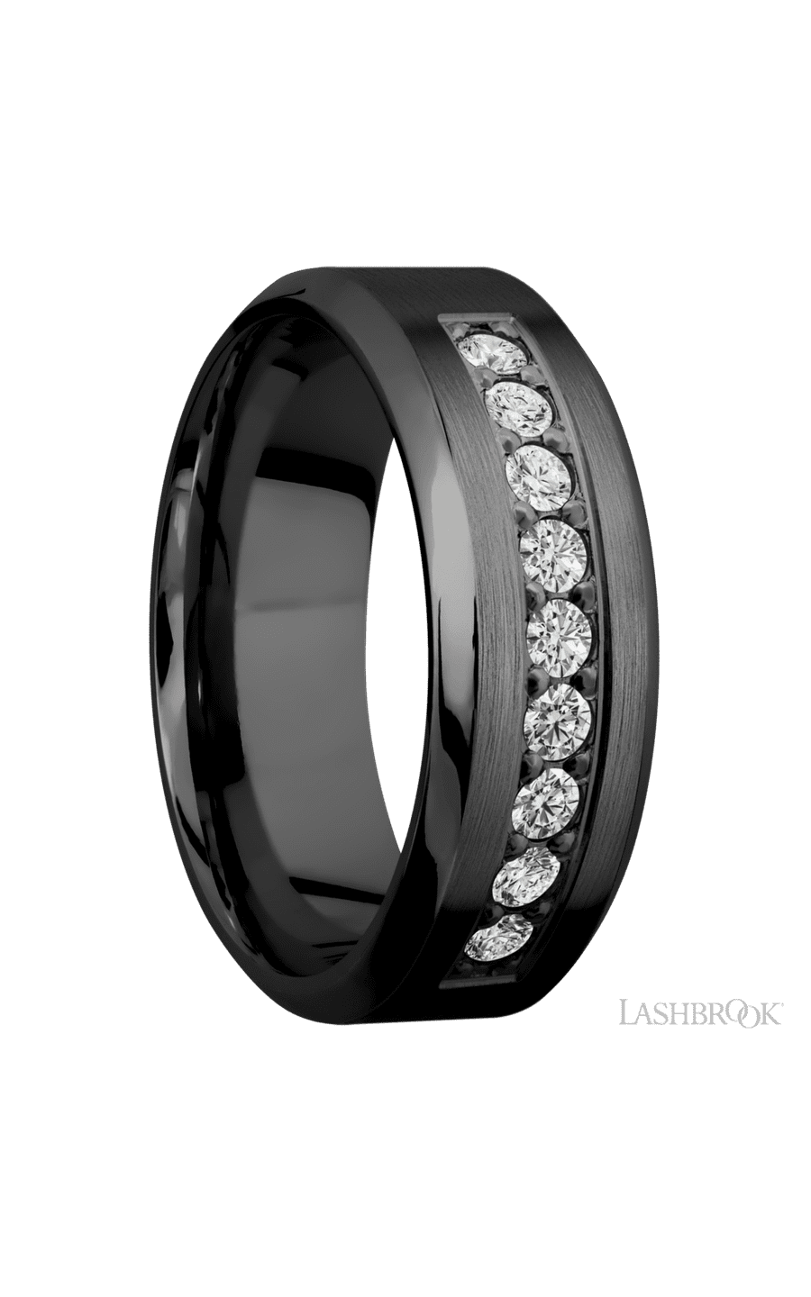 8 mm wide/High Bevel/Zirconium band with an  arrangement of 9, .05 carat Round Diamond stones in a Bead setting. - NAGI