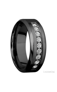 8 mm wide/High Bevel/Zirconium band with an  arrangement of 9, .05 carat Round Diamond stones in a Bead setting.