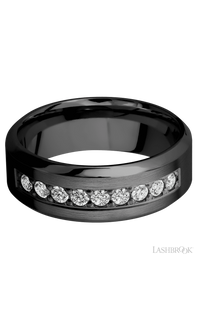 8 mm wide/High Bevel/Zirconium band with an  arrangement of 9, .05 carat Round Diamond stones in a Bead setting.