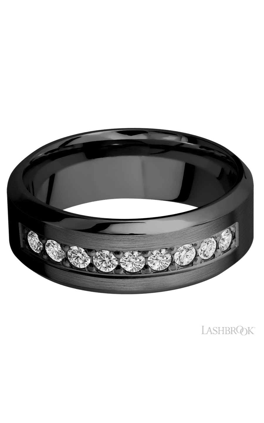 8 mm wide/High Bevel/Zirconium band with an  arrangement of 9, .05 carat Round Diamond stones in a Bead setting. - NAGI