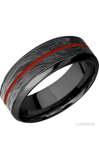 8 mm wide/High Bevel/Zirconium band featuring inlays of Forged Carbon Fiber and Red Apple. - NAGI