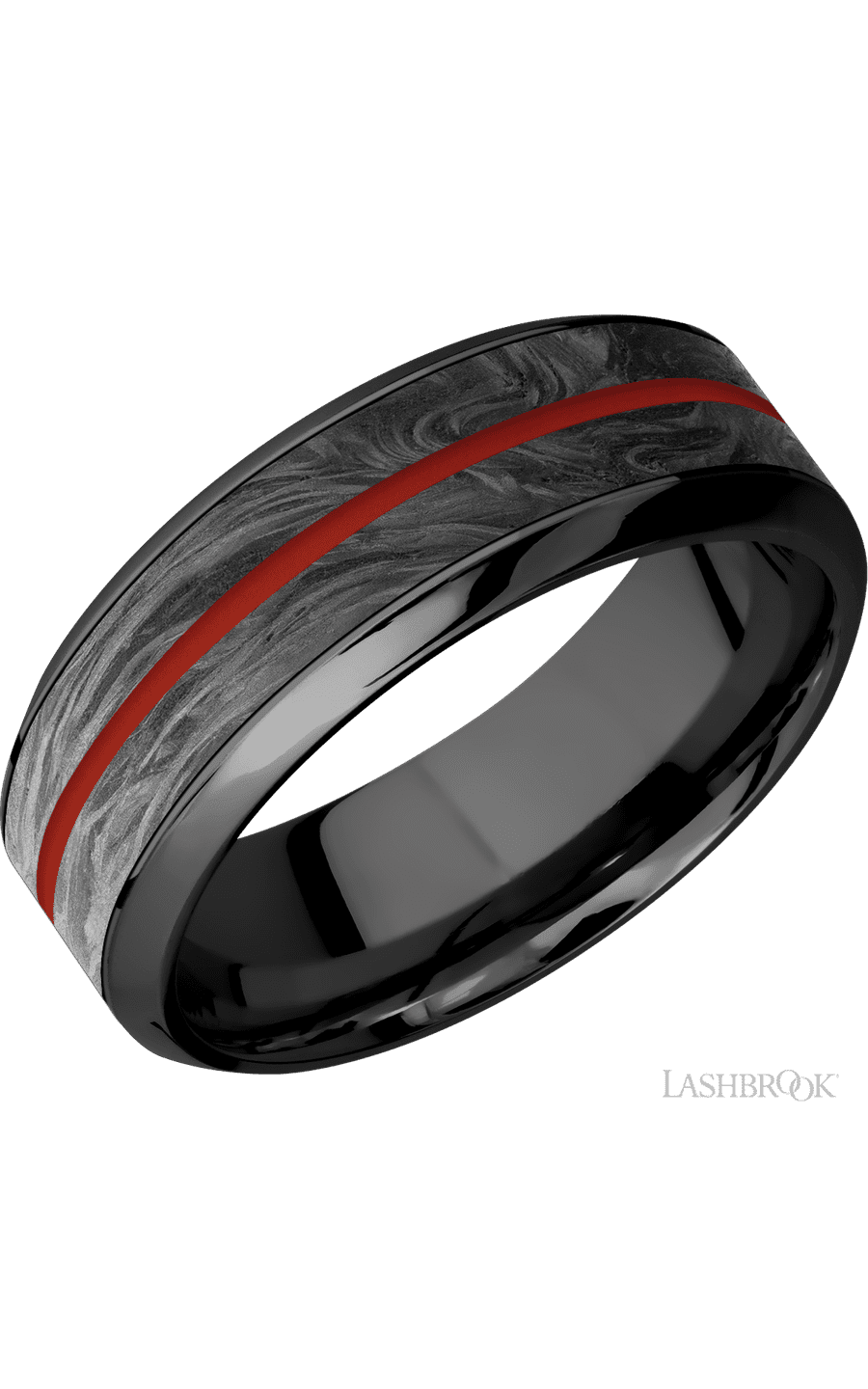 8 mm wide/High Bevel/Zirconium band featuring inlays of Forged Carbon Fiber and Red Apple. - NAGI