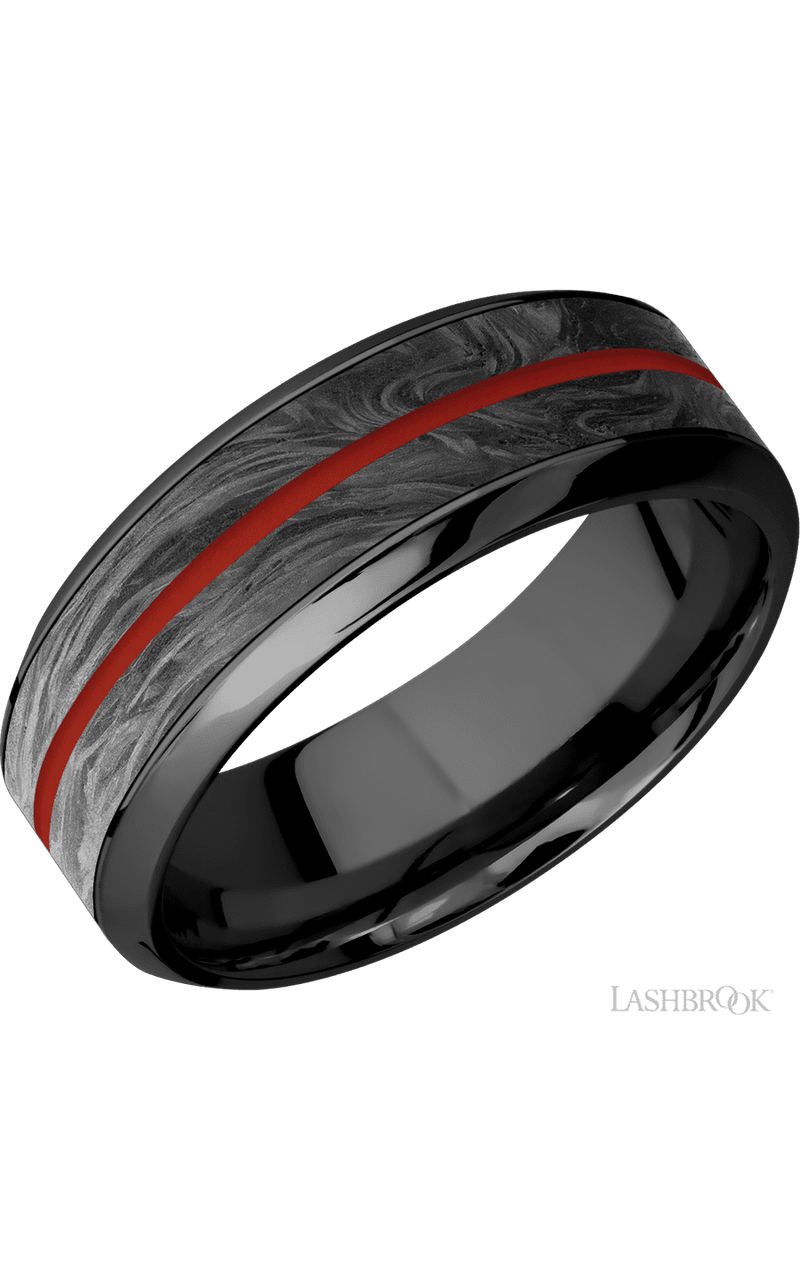 8 mm wide/High Bevel/Zirconium band featuring inlays of Forged Carbon Fiber and Red Apple. - NAGI