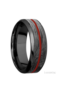 8 mm wide/High Bevel/Zirconium band featuring inlays of Forged Carbon Fiber and Red Apple. - NAGI