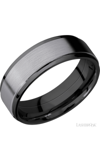 7 mm wide/Flat Grooved Edges/Zirconium band with one 5 mm Raised Centered inlay of Tantalum.