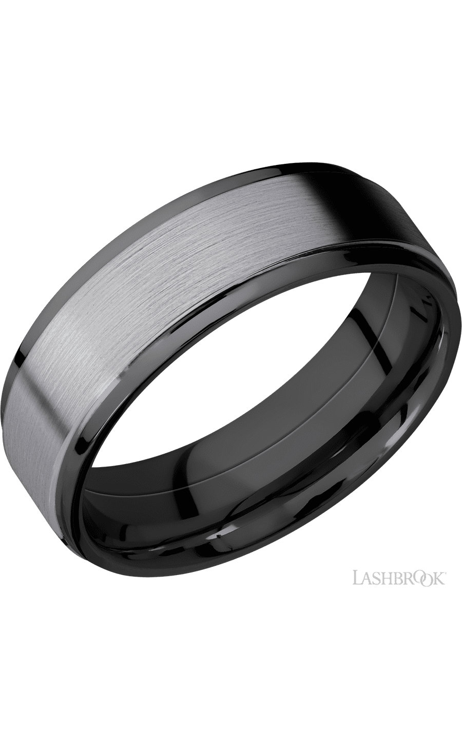 7 mm wide/Flat Grooved Edges/Zirconium band with one 5 mm Raised Centered inlay of Tantalum.
